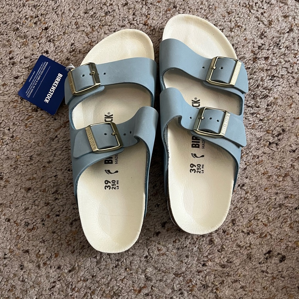 Birkenstock Arizona in Light Blue with Gold Buckles NWT